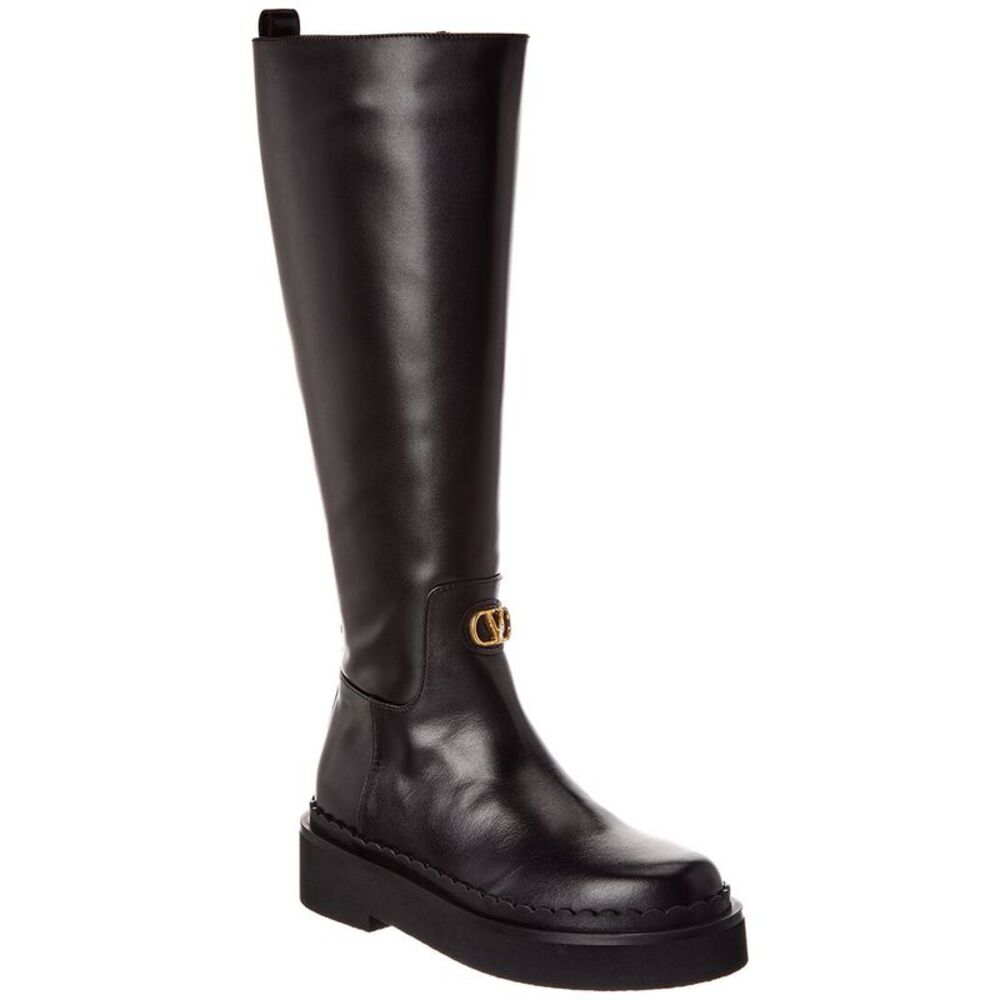 Valentino Vlogo Signature 45 Leather Platform Knee-High Boot, Black